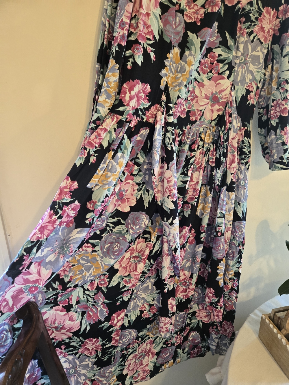 Black Floral Midi Dress with Pink & Cream Blossoms - Picture 3 of 9